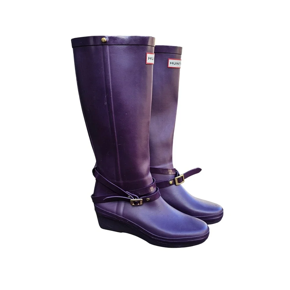 Hunter Andora Rain Boots Womens 7 Purple Wedge Tall Buckle Waterproof Twee 23954